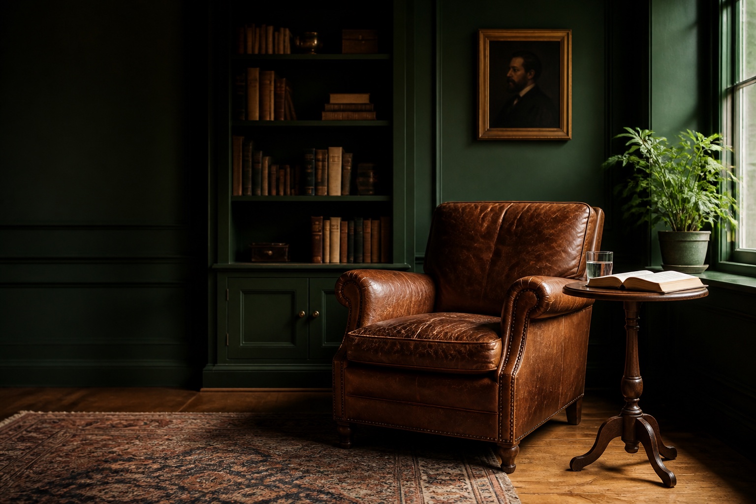 An inhabited dark green library with a chair, portrait, books, and greenery