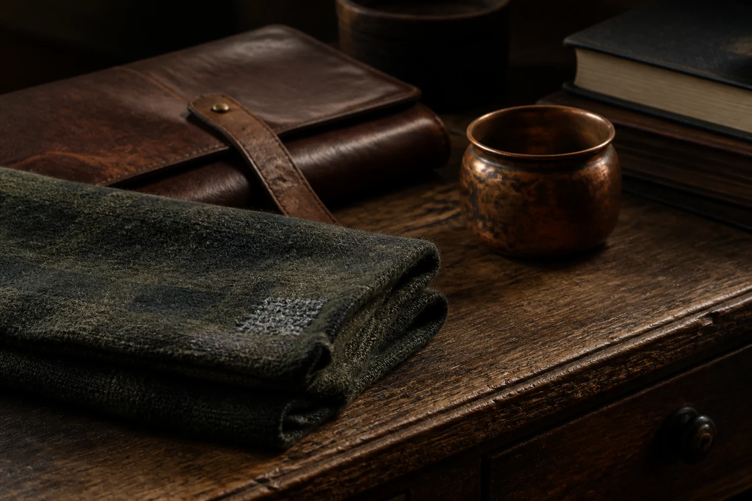 A worn leather folio, repaired wool, patinated copper and aged oak showing the character of careful use